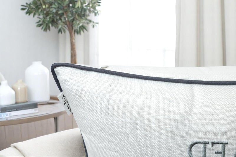 YugTex Romantic Couple Love Sentiment Embroidered Decorative Sayings Lumbar Accent Throw Pillowcase - and So Together Phrase Decor for Wedding, Anniversary, Valentine - 12x20 Inches, Ivory-Grey - Image 4